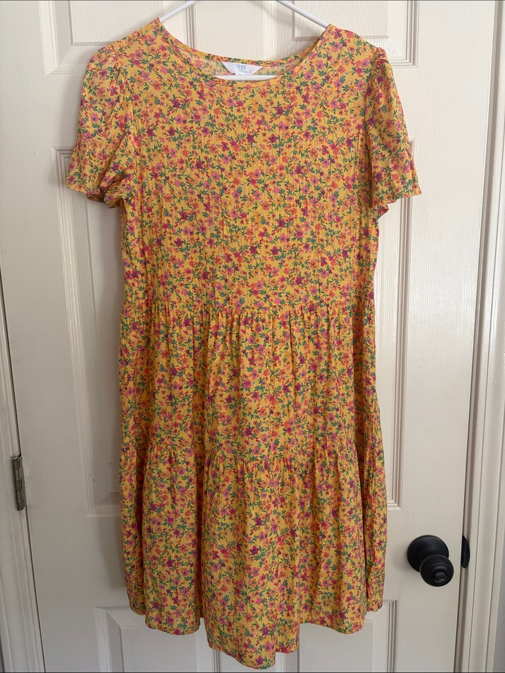 Time and Tru Yellow Floral Tiered Short-Sleeve Dress